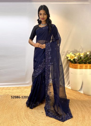 Dark Blue Organza Sequins-Work Party-Wear Saree