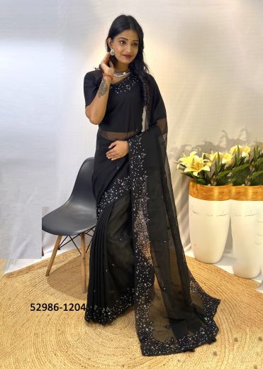 Black Organza Sequins-Work Party-Wear Saree