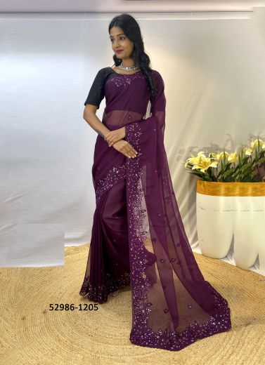 Purple Organza Sequins-Work Party-Wear Saree