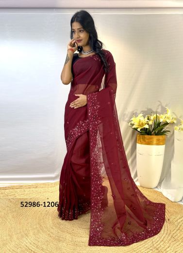 Maroon Organza Sequins-Work Party-Wear Saree