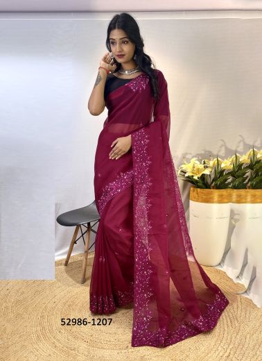 Wine Red Organza Sequins-Work Party-Wear Saree