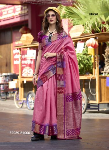 Pink & Purple Woven Pure Banarasi Silk Saree For Traditional / Religious Occasions