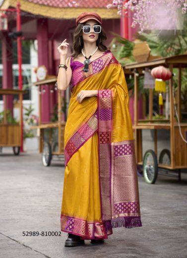 Mustard Yellow & Purple Woven Pure Banarasi Silk Saree For Traditional / Religious Occasions