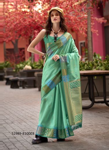 Mint Green Woven Pure Banarasi Silk Saree For Traditional / Religious Occasions