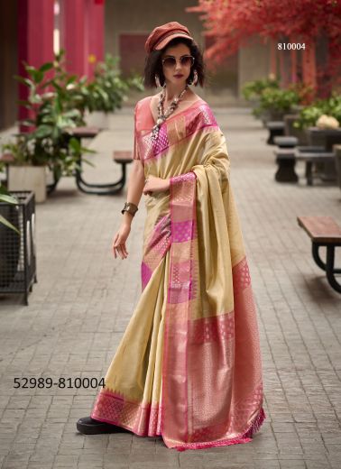 Cream & Pink Woven Pure Banarasi Silk Saree For Traditional / Religious Occasions