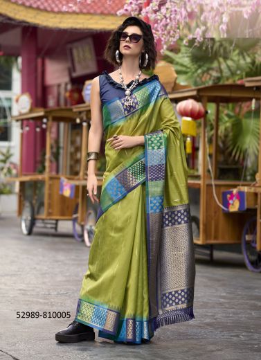 Light Green & Blue Woven Pure Banarasi Silk Saree For Traditional / Religious Occasions