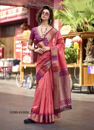 Light Coral & Purple Woven Pure Banarasi Silk Saree For Traditional / Religious Occasions