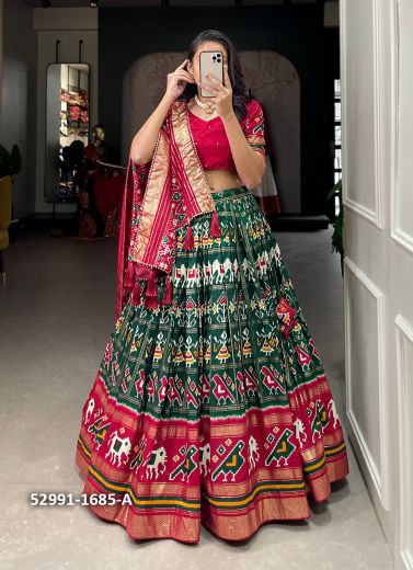 Green & Wine Red Tussar Silk Patola Printed Lehenga Choli For Traditional / Religious Occasions