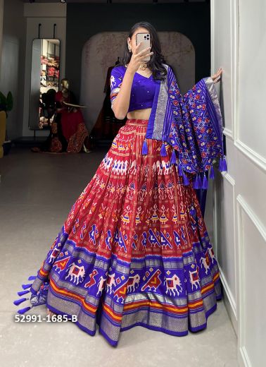 Crimson Red & Violet Tussar Silk Patola Printed Lehenga Choli For Traditional / Religious Occasions