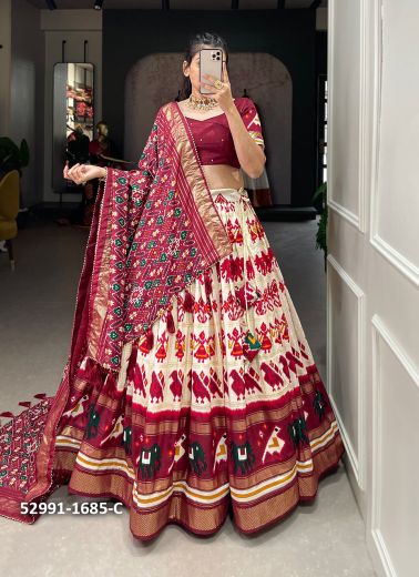 White & Wine Tussar Silk Patola Printed Lehenga Choli For Traditional / Religious Occasions