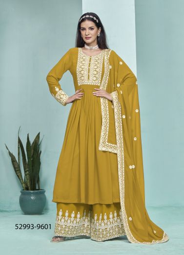 Mustard Yellow Georgette Thread-Work Palazzo-Bottom Readymade Salwar Kameez For Traditional / Religious Occasions