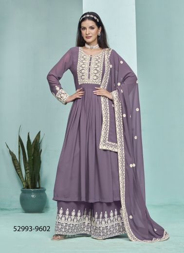 Dull Violet Georgette Thread-Work Palazzo-Bottom Readymade Salwar Kameez For Traditional / Religious Occasions