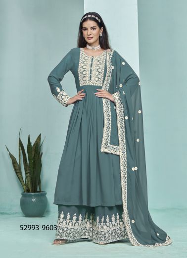 Steel Blue Georgette Thread-Work Palazzo-Bottom Readymade Salwar Kameez For Traditional / Religious Occasions