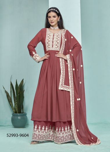 Light Maroon Georgette Thread-Work Palazzo-Bottom Readymade Salwar Kameez For Traditional / Religious Occasions