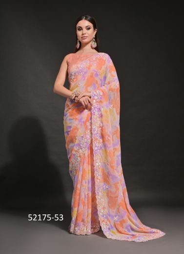 Multicolor Georgette Digitally Printed Sequins-Work Saree For Wearing In Kitty Parties