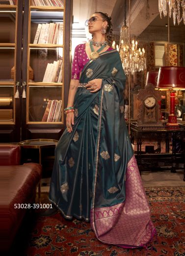 Dark Sea Blue & Purple Woven Satin Soft Silk Saree For Traditional / Religious Occasions