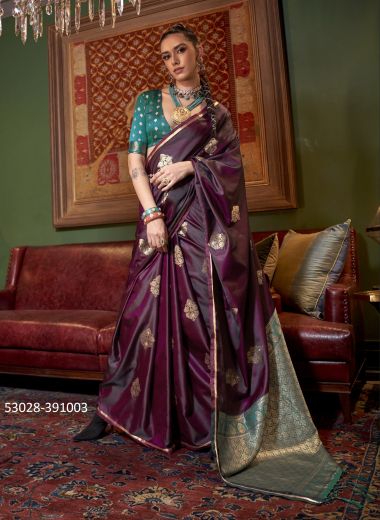 Wine & Teal Blue Woven Satin Soft Silk Saree For Traditional / Religious Occasions