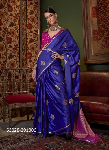 Violet & Magenta Woven Satin Soft Silk Saree For Traditional / Religious Occasions