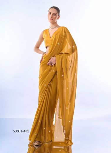 Mustard Yellow Rangoli Mirror-Work Party-Wear Bollywood Saree