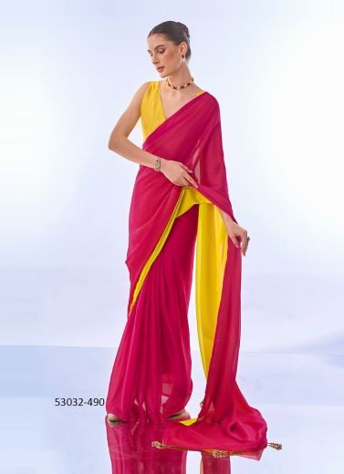 Magenta & Yellow Satin Chiffon Party-Wear Bollywood Saree