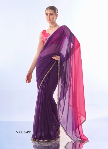 Violet & Pink Georgette Mirror-Work Party-Wear Bollywood Saree