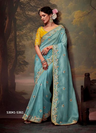 Sky Blue Organza Handwork Wedding-Wear Silk Embroidered Saree