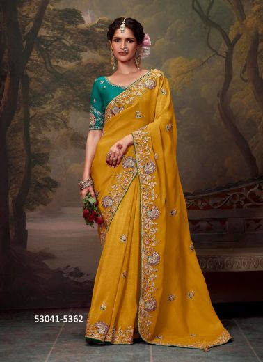 Orange Organza Handwork Wedding-Wear Silk Embroidered Saree