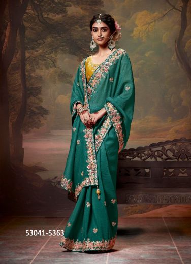 Teal Green Organza Handwork Wedding-Wear Silk Embroidered Saree