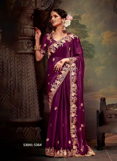 Purple Organza Handwork Wedding-Wear Silk Embroidered Saree