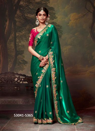 Green Organza Handwork Wedding-Wear Silk Embroidered Saree