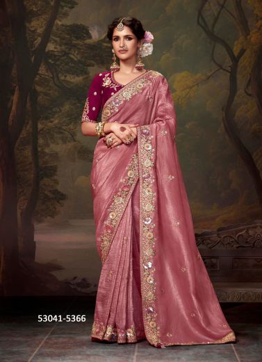 Mauve Pink Organza Handwork Wedding-Wear Silk Embroidered Saree