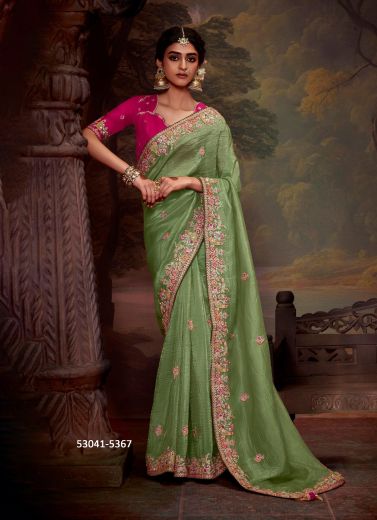 Light Green Organza Handwork Wedding-Wear Silk Embroidered Saree