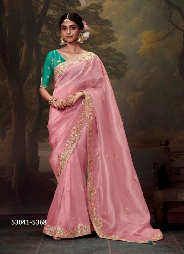 Pink Organza Handwork Wedding-Wear Silk Embroidered Saree