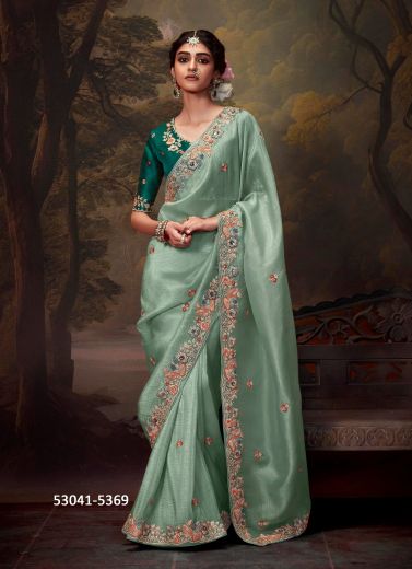 Light Teal Blue Organza Handwork Wedding-Wear Silk Embroidered Saree