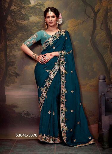 Dark Sea Blue Organza Handwork Wedding-Wear Silk Embroidered Saree