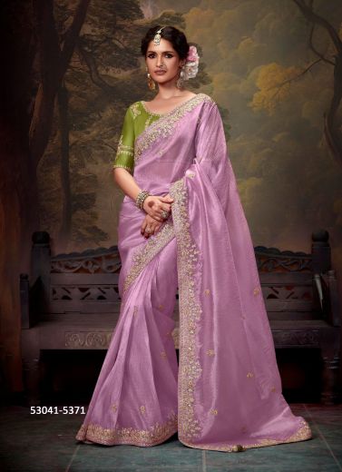 Lilac Organza Handwork Wedding-Wear Silk Embroidered Saree