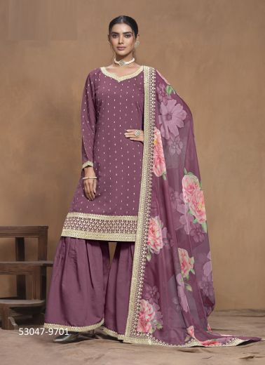 Mauve Pink Silk Digitally Printed Gharara-Bottom Readymade Salwar Kameez For Traditional / Religious Occasions