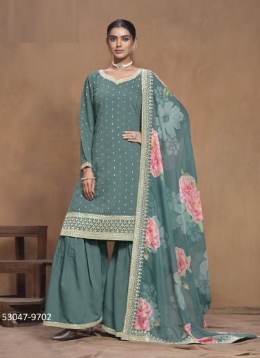 Steel Blue Silk Digitally Printed Gharara-Bottom Readymade Salwar Kameez For Traditional / Religious Occasions