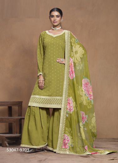 Olive Green Silk Digitally Printed Gharara-Bottom Readymade Salwar Kameez For Traditional / Religious Occasions