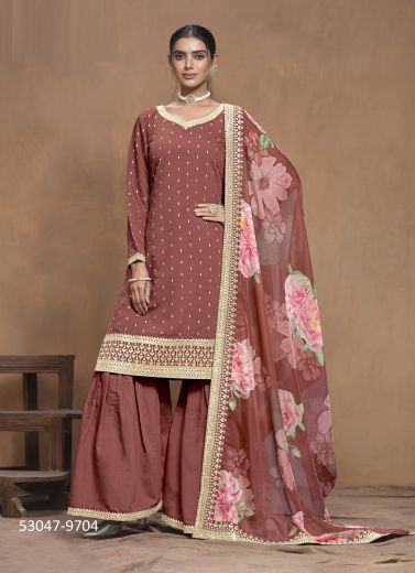 Brown Silk Digitally Printed Gharara-Bottom Readymade Salwar Kameez For Traditional / Religious Occasions