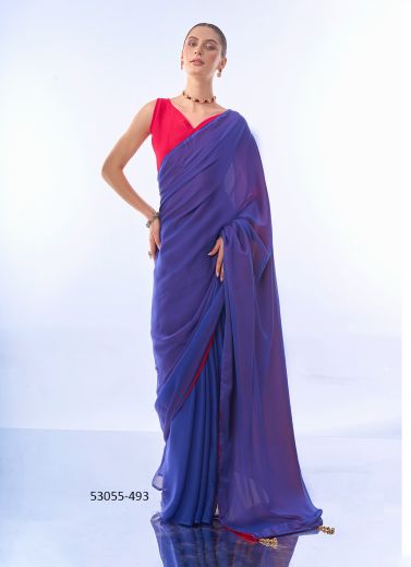 Indigo Blue & Pink Georgette Bollywood Saree For Kitty-Parties