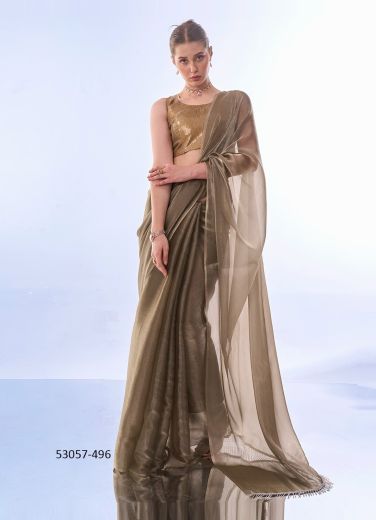 Brown Burberry Silk Sequins-Work Party-Wear Bollywood Saree