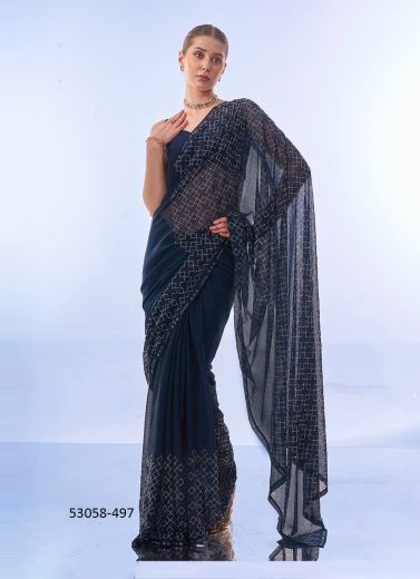 Navy Blue Chiffon Sequins-Work Party-Wear Bollywood Saree