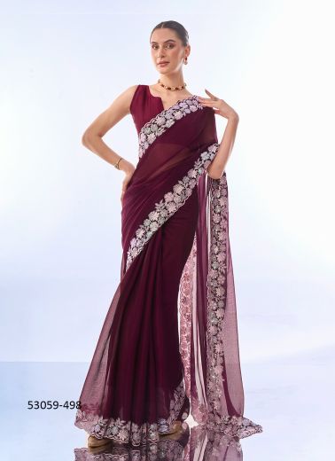 Wine Chiffon Sequins-Work Party-Wear Bollywood Saree