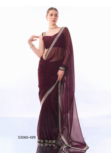 Dark Wine Chiffon Sequins-Work Party-Wear Bollywood Saree