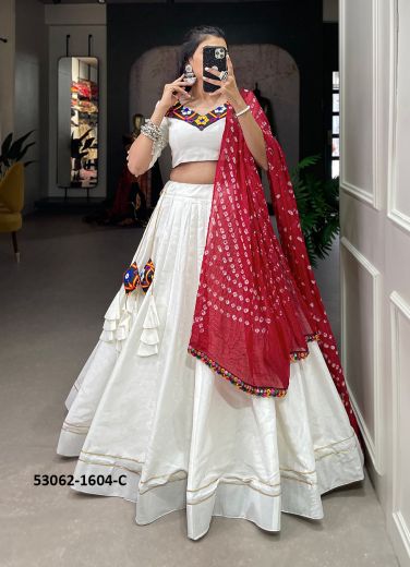 White Cotton Bandhani Printed Navratri Special Readymade Lehenga Choli [Chaniya Choli For Garba]