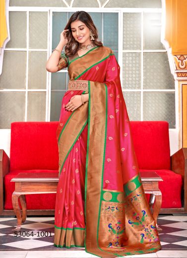 Crimson Red & Green Soft Peshwai Woven Paithani Silk Saree For Traditional / Religious Occasions