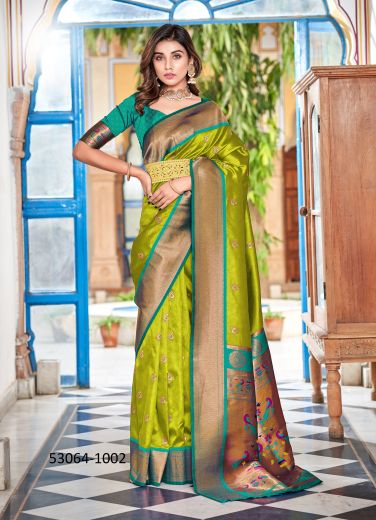 Olive Green & Teal Blue Soft Peshwai Woven Paithani Silk Saree For Traditional / Religious Occasions