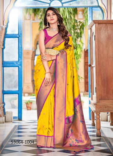 Yellow & Purple Soft Peshwai Woven Paithani Silk Saree For Traditional / Religious Occasions