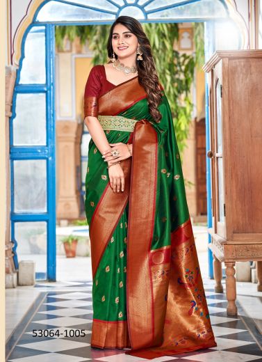 Green & Maroon Soft Peshwai Woven Paithani Silk Saree For Traditional / Religious Occasions